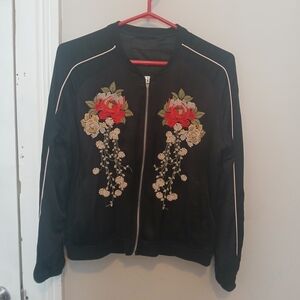 Blank NYC Satin Black Bomber Jacket with Red and Beige Floral Embroidery